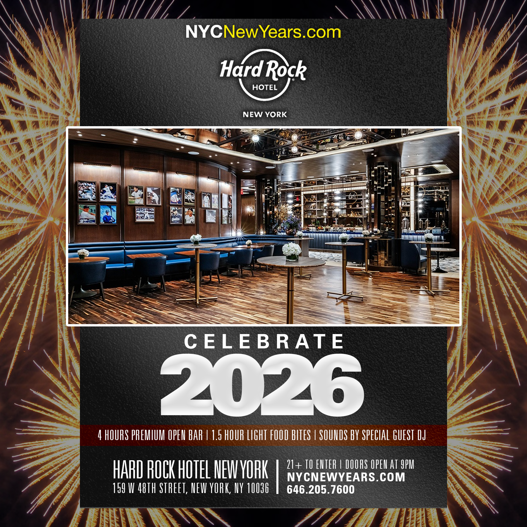 Nye Rocks Times Square NYE 2026 party at NYY EVENTS LOUNGE at Hard Rock NYC